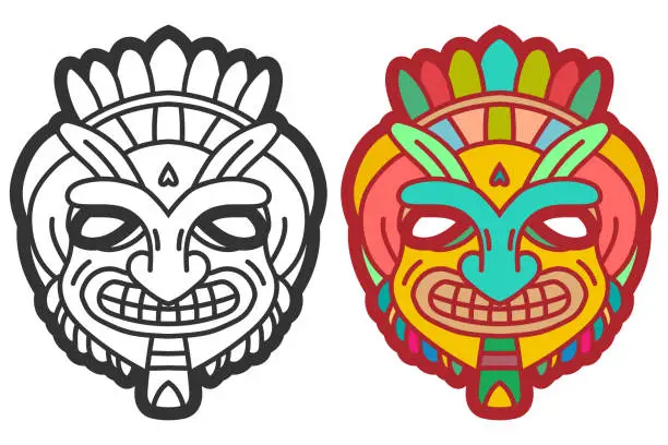 Vector illustration of Aztec mask vector cartoon set isolated on a white background.