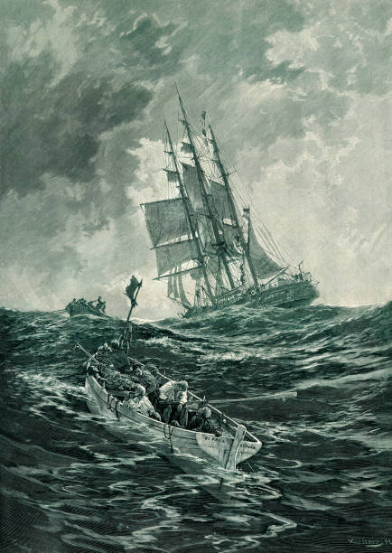 Castaway people in boat with sinking sailing ship 1893 Castaway people in boat with sinking sailing ship
Original edition from my own archives
Source : Zur guten Stunde 1893
Drawing : Hans Bohrdt castaway stock illustrations