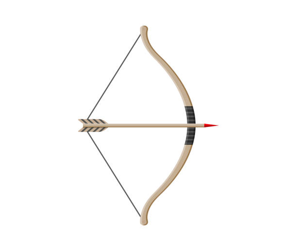 Bow with arrow. Weapon of archery. Wooden longbow with arrows for indian archer. Cartoon bow for medieval hunter. Icon or logo for ancient hunt isolated on white background. Shoot in bullseye. Vector Bow with arrow. Weapon of archery. Wooden longbow with arrows for indian archer. Cartoon bow for medieval hunter. Icon or logo for ancient hunt isolated on white background. Shoot in bullseye. Vector. archery bow stock illustrations