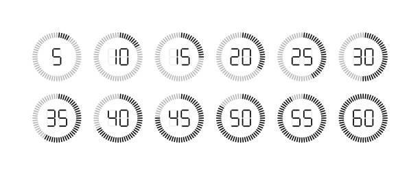 Timer icon. Stopwatch with second and minute. Clock for time, countdown and stop. Watch with sec from 5 to 60. Chronometer for speed, sport and cooking. Set of graphic symbols. Vector Timer icon. Stopwatch with second and minute. Clock for time, countdown and stop. Watch with sec from 5 to 60. Chronometer for speed, sport and cooking. Set of graphic symbols. Vector. minute hand stock illustrations