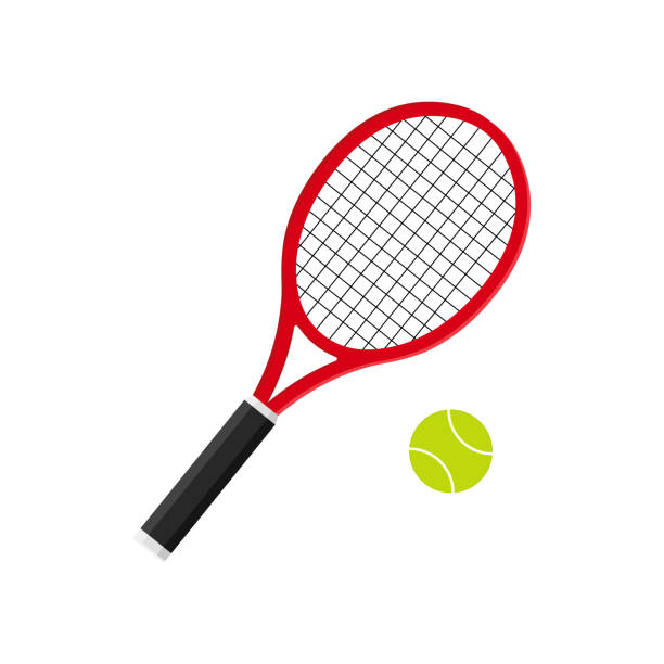 illustrazioni stock, clip art, cartoni animati e icone di tendenza di racchetta da tennis con palla. icona della racchetta per la corte. logo del razzo da tennis e della palla isolati su sfondo bianco. attrezzature sportive per gioco, partita, competizione. silhouette per club di badminton. vettore - racquet strings