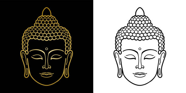 umriss buddha kopf set. minimalistischer print für textilien, t-shirts, tattoos - buddha stock-grafiken, -clipart, -cartoons und -symbole