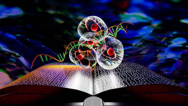 istock Cells and RNA floating on the pages of a book with binary code and the human genome. 1337413716
