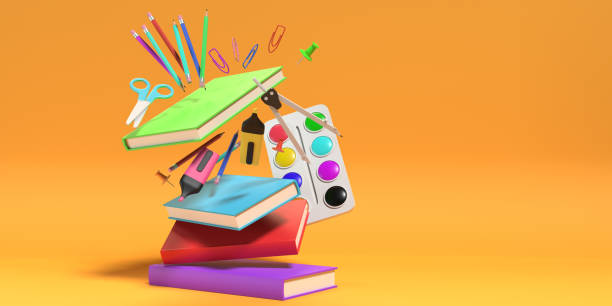 Back to School Concept with School Equipment on Mid-Air Zero Gravity