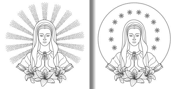 Praying Virgin Mary with lilies print set. Praying Virgin Mary with stars, rays and lilies print set. Outline religious illustration, coloring page. religious saint stock illustrations