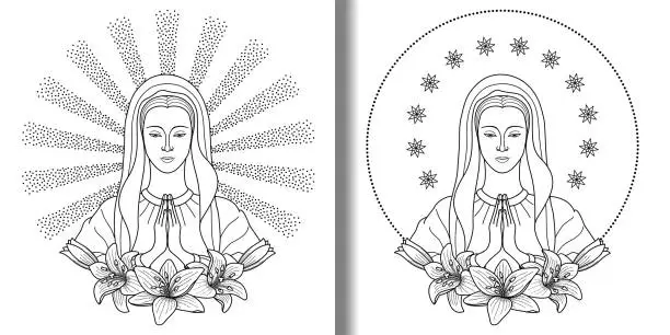 Vector illustration of Praying Virgin Mary with lilies print set.