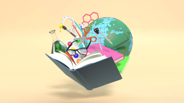 istock Back to School Concept while School Equipment Flying Out Of A Book with Mid-Air Zero Gravity 1337415149