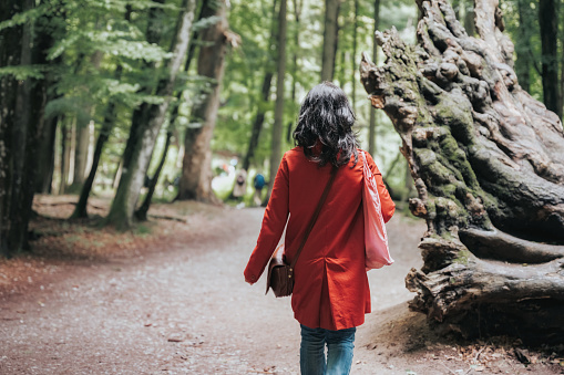 rear view on woman in red coat walking in green forest