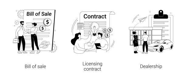 Business documents abstract concept vector illustrations. Business documents abstract concept vector illustration set. Bill of sale, licensing contract, dealership, intellectual property agreement, authorized dealer, electronic signature abstract metaphor. car dealer icon stock illustrations