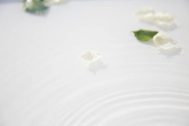 istock Water surface texture, white delicate background with white rose petals and leaves. Copy space 1337416090