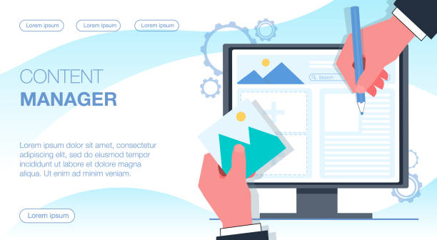 istock The content manager fills the website with information. A hand with a pencil writes text. The hand with the photo uploads the photo. Flat vector illustration. 1337416202