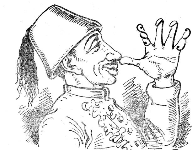 누군가에게 코를 엄지 손가락으로 하는 터키 남자, 술탄의 측면 보기 - president men cartoon old stock illustrations