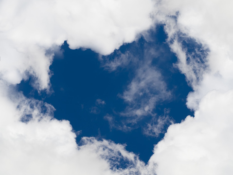 blue sky with heart shaped clouds, negative space