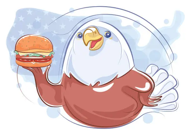 Vector illustration of soon eagle holding hamburger