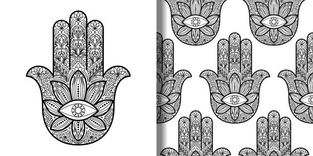 hamsa hand of fatima print and seamless pattern set - musevilik illüstrasyonlar stock illustrations