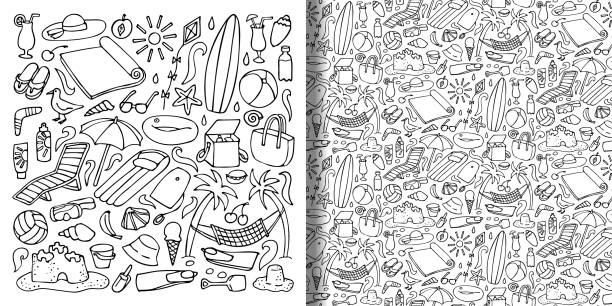 strandobjekte handgezeichnetes doodle-set und nahtloses muster - summer party drink umbrella concepts stock-grafiken, -clipart, -cartoons und -symbole
