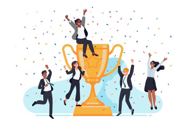istock Winners team. Tiny businessmen and women with big gold trophy cup, happy office stuff characters, successful people group. Vector concept 1337419561