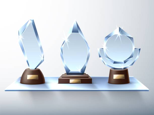 istock Glass trophies. Modern design crystal awards, glass wall shelf, realistic diamonds figurines, victory prize symbols. Vector concept 1337419592