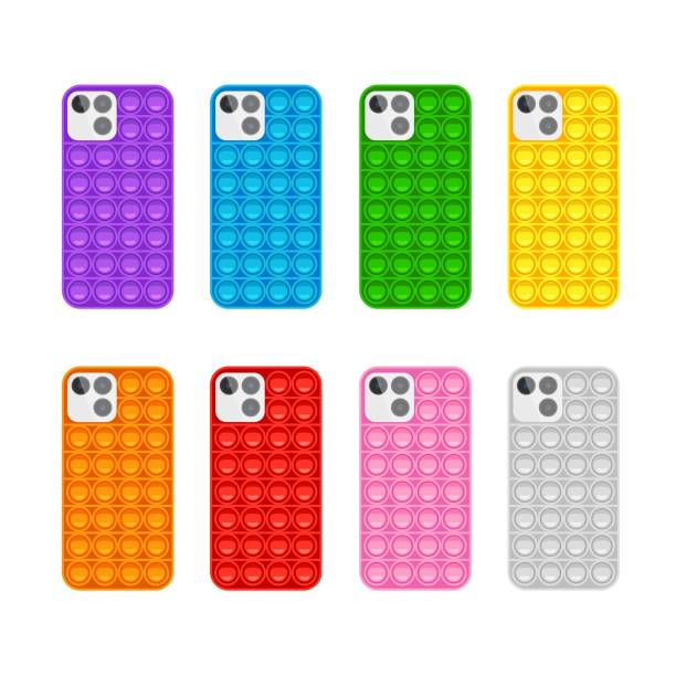 Pop-it phone cover set Pop-it phone cover set. Trendy anti-stress game for kids and adults. Hand toy with push bubbles in rainbow colors. Back side different colors. Vector illustration isolated on white background. phone cover isolated stock illustrations