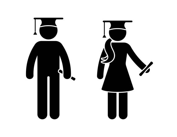 ilustraciones, imágenes clip art, dibujos animados e iconos de stock de figura de palo graduado adolescente chico y niña icono vectorial conjunto de ilustraciones. jóvenes estudiantes de pie con diploma con gorra, sombrero con pictograma de silueta de borla sobre fondo blanco - silhouette student teenager university