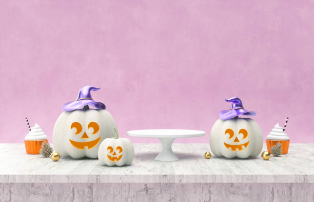 Halloween pumpkins on wooden table. Halloween background.