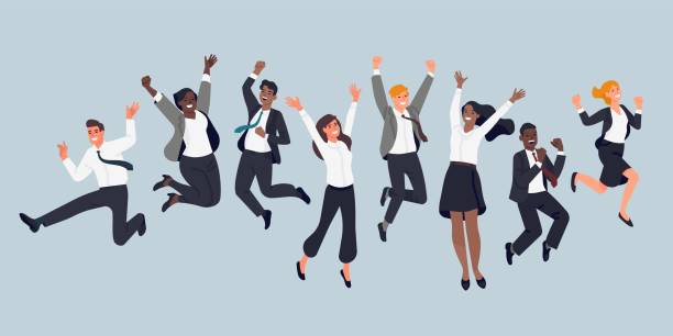 ilustrações de stock, clip art, desenhos animados e ícones de jumping business people. cheerful company employees, office managers, team event, men and women in formal suits having fun. vector set - team work celebrating