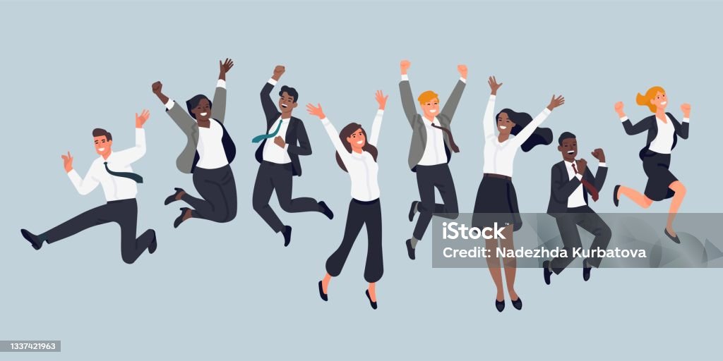 Jumping business people. Cheerful company employees, office managers, team event, men and women in formal suits having fun. Vector set - Royaltyfri Firande vektorgrafik