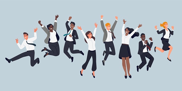 Jumping business people. Cheerful company employees, office managers, team event, men and women in formal suits having fun. Vector set