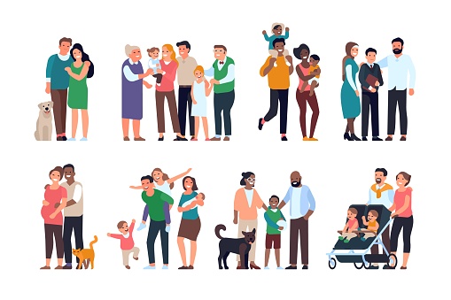 Happy families. Big people groups different ages, generations, portraits children and adults, parents and grandparents with kids. Vector set