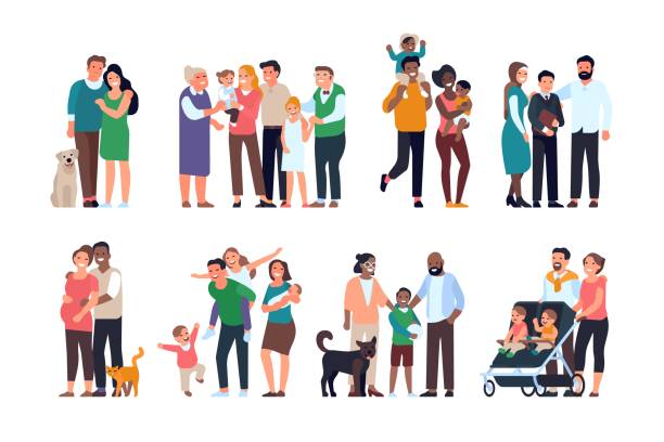 Happy families. Big people groups different ages, generations, portraits children and adults, parents and grandparents with kids. Vector set Happy families. Big people groups different ages, generations, portraits children and adults, parents and grandparents with kids. Happiness and generation vector set old man smiling stock illustrations