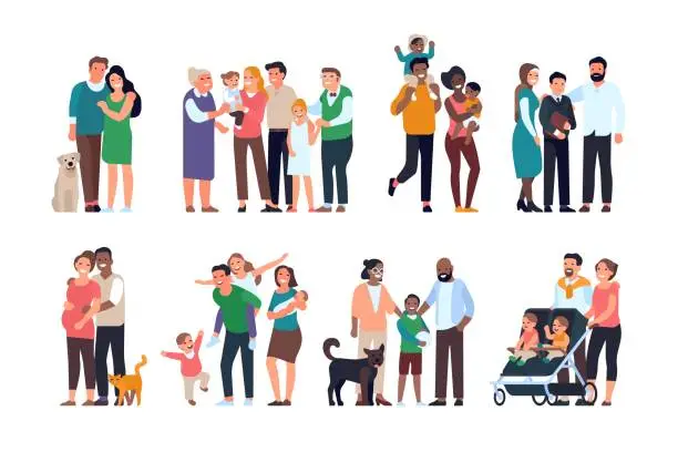 Vector illustration of Happy families. Big people groups different ages, generations, portraits children and adults, parents and grandparents with kids. Vector set