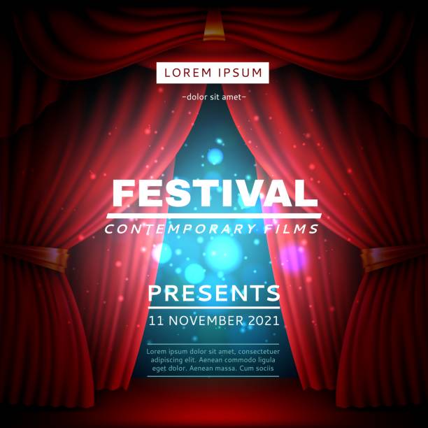 ilustrações de stock, clip art, desenhos animados e ícones de stage curtain poster. festival opening banner with realistic red heavy theatrical veils, light effects, cinema movies event. vector concept - curtain stage theater theatrical performance red