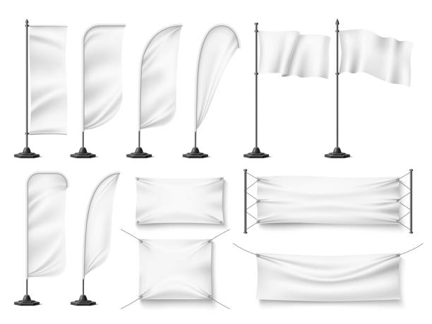istock Flags and banners mockup. Realistic white textile blank promotional templates on flagstaffs, advertising clean fabric canvases. Vector set 1337421980