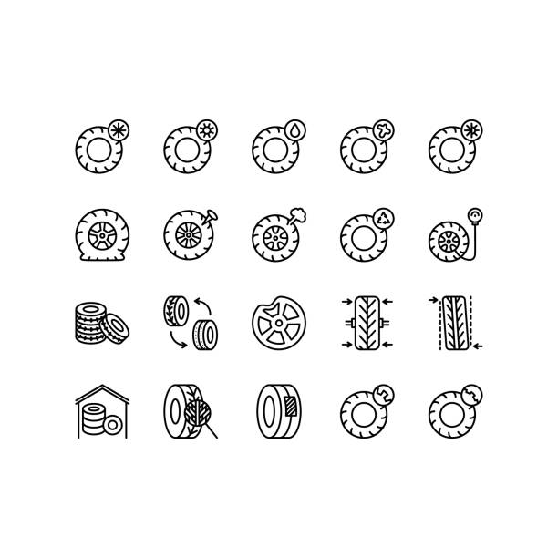 reifen-, reifen- und rad-flatline-symbole gesetzt. autorad sommer und winter ikone. reifenwartung. automobil-radauswuchtservice. einfache flache vektorillustration für website oder mobile app - tiefenmessgerät stock-grafiken, -clipart, -cartoons und -symbole