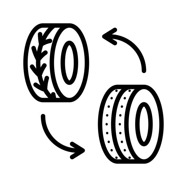ilustrações, clipart, desenhos animados e ícones de roda de automóvel trocando ícones de linha plana glifo. encaixe de pneus sazonal. ilustração simples de vetor plano para site ou aplicativo móvel - tire car brake rain