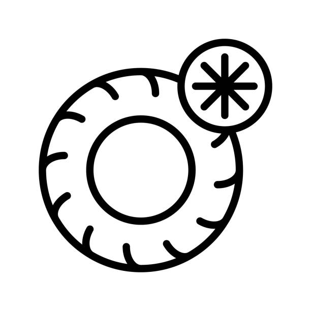 ilustraciones, imágenes clip art, dibujos animados e iconos de stock de iconos de neumáticos de invierno, neumáticos y línea plana de ruedas. neumáticos de invierno con símbolos de copos de nieve. montaje de neumáticos de temporada. ilustración vectorial plana simple para sitio web o aplicación móvil - tire car brake rain