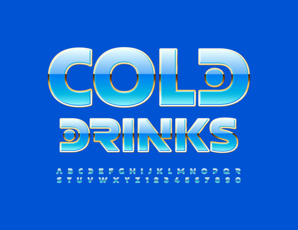 Vector stylish Banner Cold Drinks. Bright Alphabet Letters and Numbers Glossy Blue and Gold Font cold drink stock illustrations