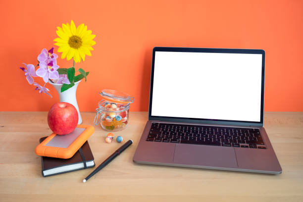 istock Home Office Laptop White Screen Template 1337427023
