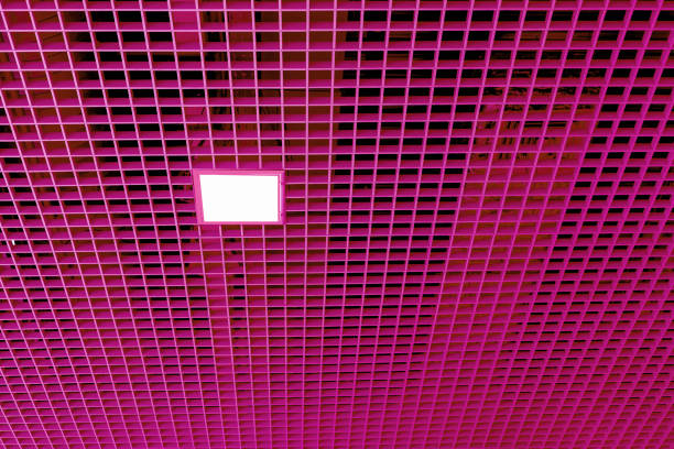 Mesh suspended ceiling with fluorescent or LED square lights in a modern shopping center or office building. Tinted.