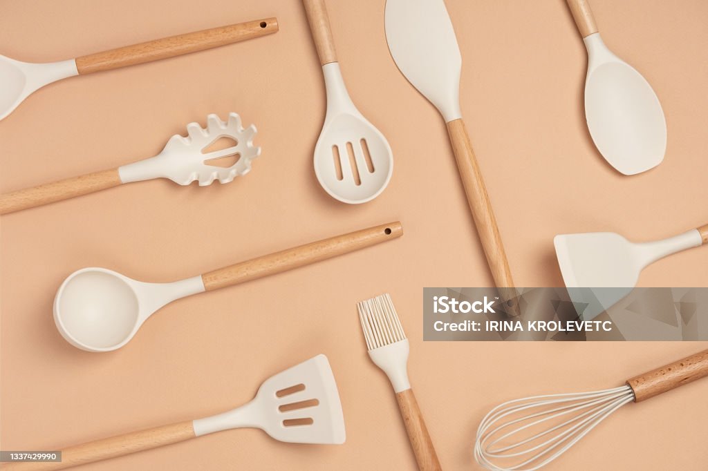 beige kitchen utensils set