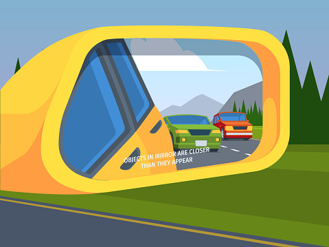 Rear view mirror. Car reflection side driving symbols outdoor vehicle safety mirror garish vector illustration in flat style. Rear view in mirror car, reflection transport om road