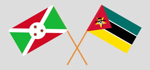 Vector illustration of Crossed flags of Burundi and Mozambique. Official colors. Correct proportion