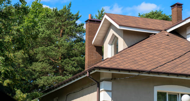 Close-up of asphalt shingled roofing construction with chimney, plastic soffit, fascia board and roof gutters installed stock photo