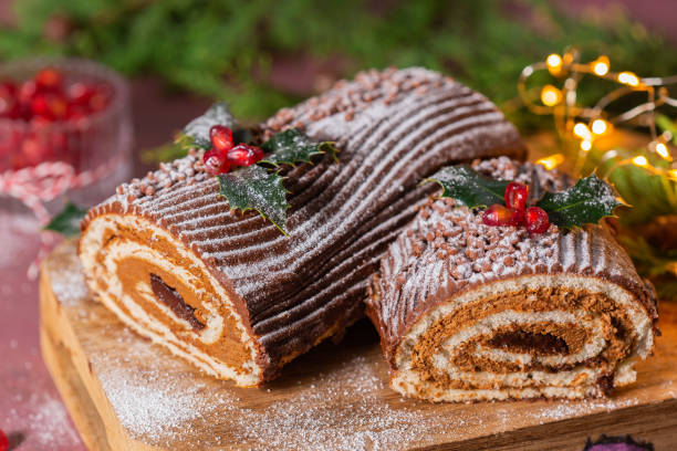 istock Traditional Christmas cake, chocolate Yule log with festive decorations 1337431505