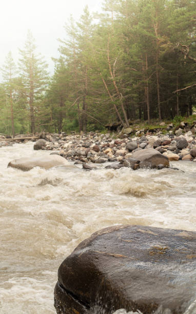 istock Summer mockup concept for product presentation. A stone platform in a mountain river among beautiful nature. Close up.Mountain landscape in the background. 1337432006