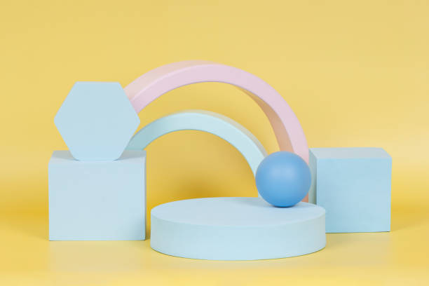 istock Abstract composition with geometric shapes forms. Exhibition podium, platform for product presentation yellow background 1337432384