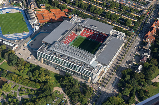 Copenhagen, Denmark - August 21, 2021: Aerial view of the National Stadium Parken