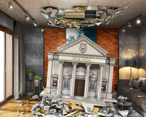 デストイドインテリアコンセプト、インテリアの倒れた土手の建物、すべての周りの部分と壊れた天井、天井の穴、3dイラスト - breaking the bank ストックフォトと画像