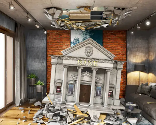 Photo of Destoyed interior concept, fallen bank building in interior, broken ceiling with the pieces all around, hole in ceiling, 3d illustration