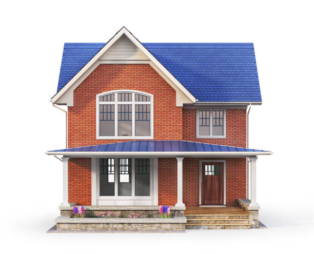 3d rendering brick house isolation on a white. 3d illustration - red cottage small house imagens e fotografias de stock